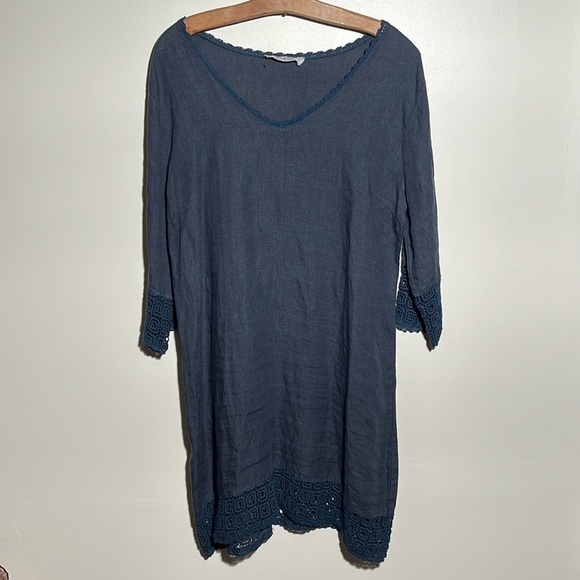 Harris Cotton Navy Linen Embroidered Dress - Picture 1 of 10